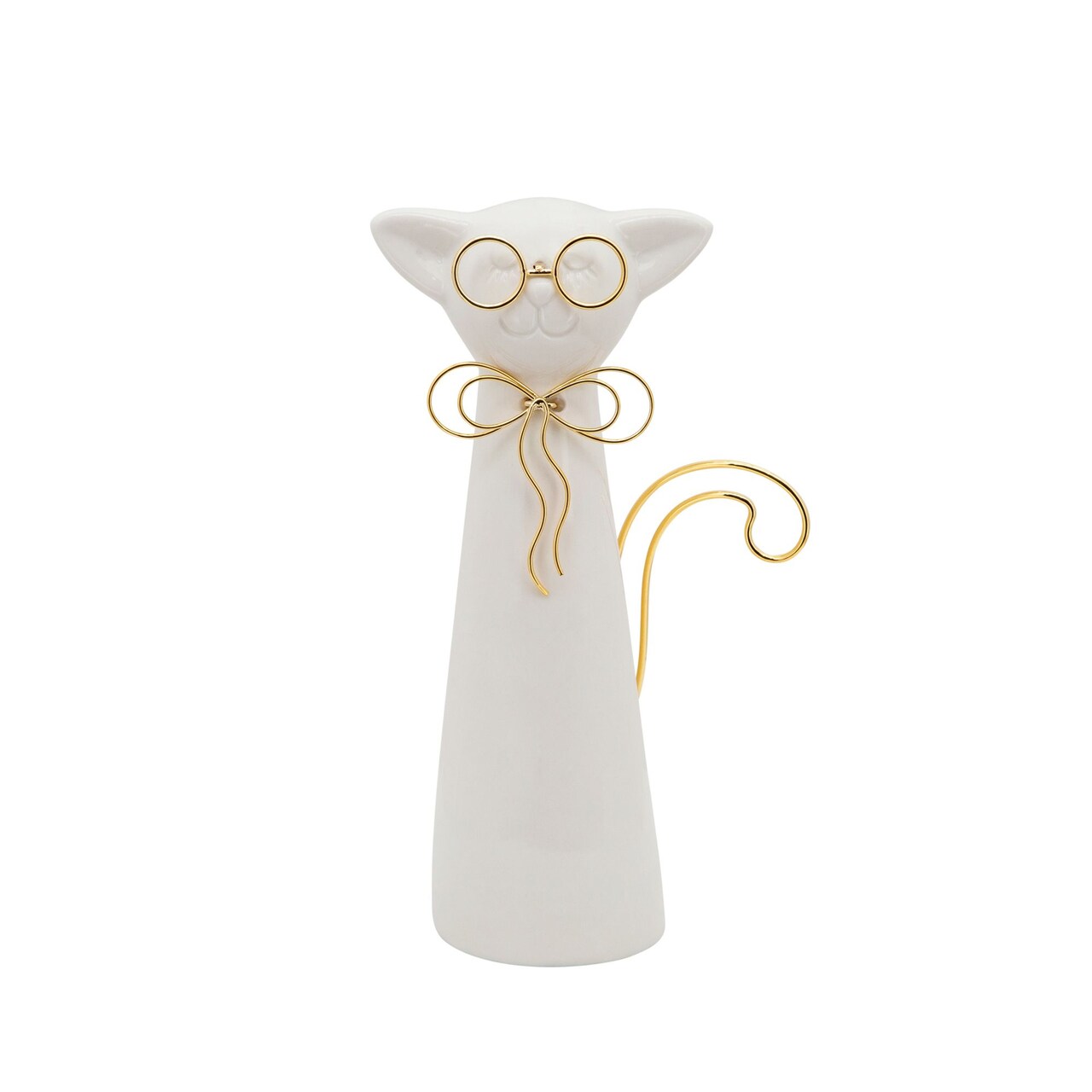 Kingston Living Ceramic Cat Figurine with Glasses - 8" - White and Gold